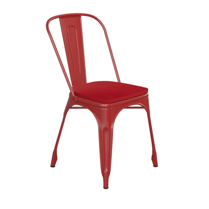 Red metal bistro-style chair with matching red polystyrene seat, stackable and suitable for indoor or outdoor use.