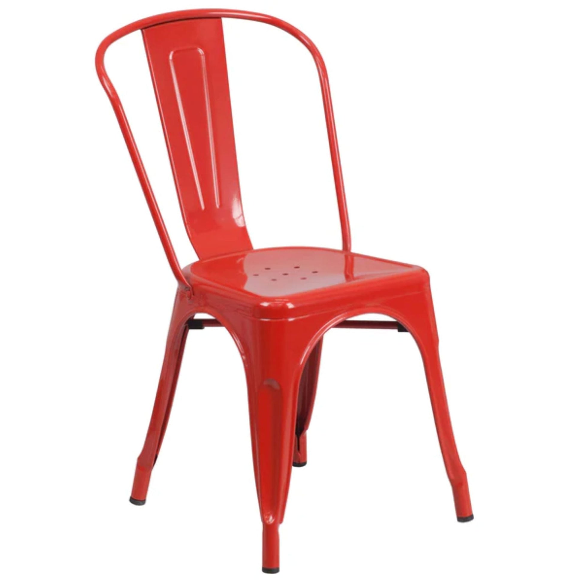 Red metal stackable bistro chair with durable powder-coated frame for indoor or outdoor seating