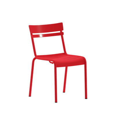 Angled view of silver steel café chair with slatted construction and floor glides.