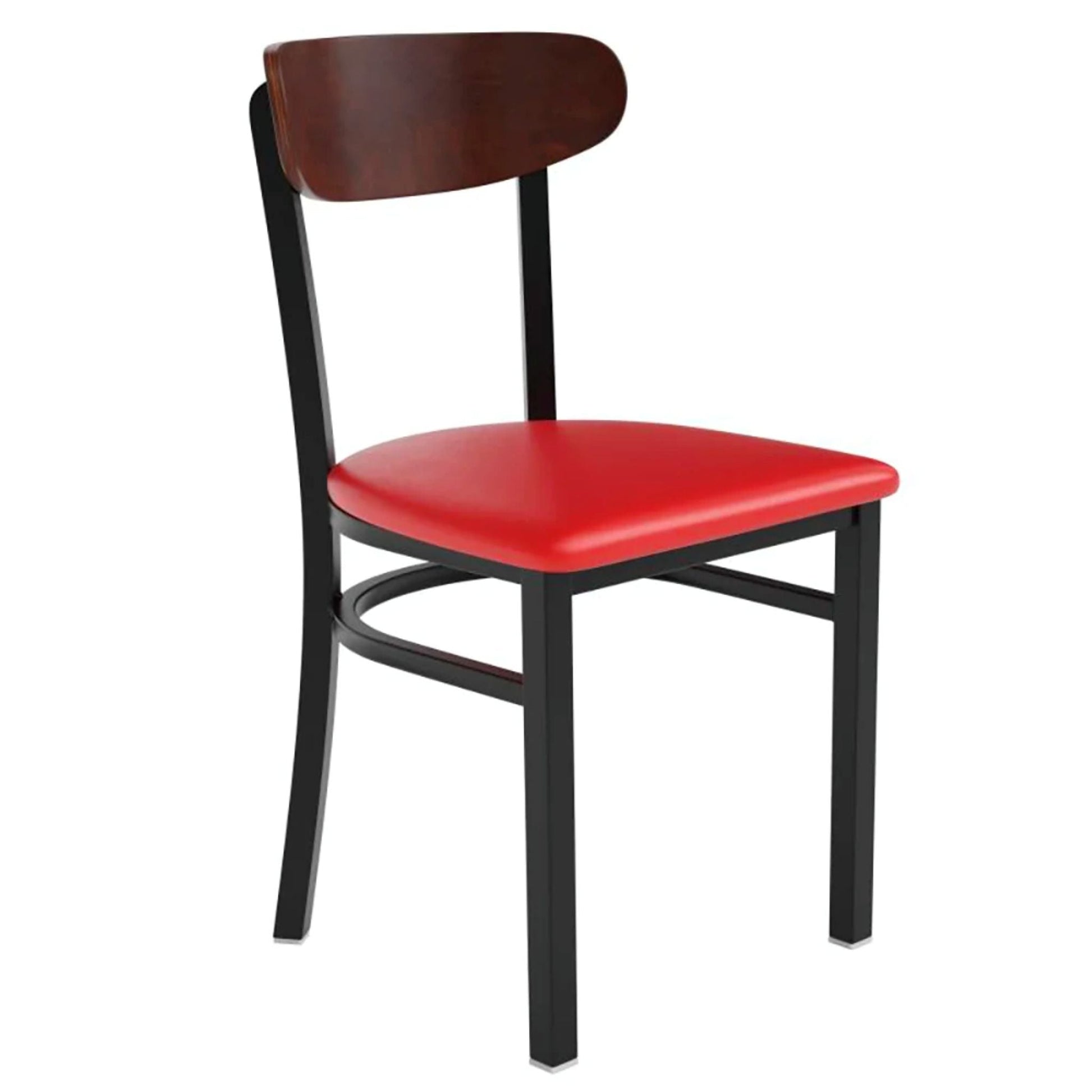 Side view of dining chair with walnut backrest, black steel frame, and red vinyl seat.