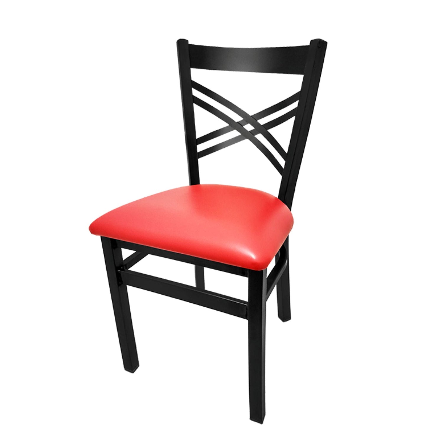 Crossback steel dining chair with black powder-coat frame and red vinyl seat.