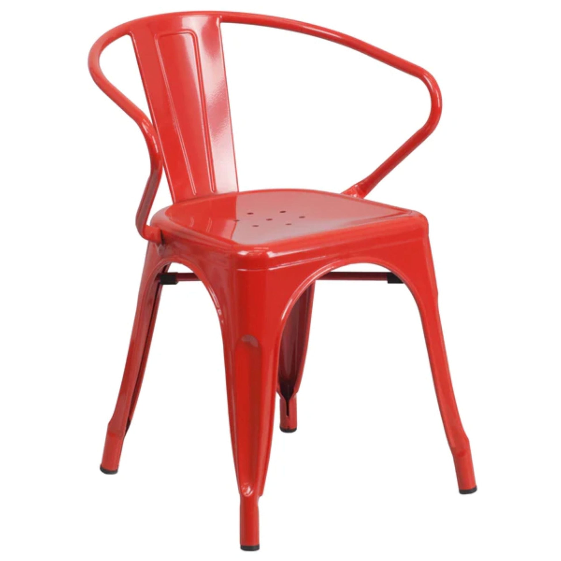 Red metal arm chair with vertical slat back and stackable bistro-style construction for indoor or outdoor use.