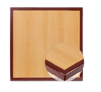 Square high-gloss resin restaurant table top with cherry finish and mahogany drop-lip edge shown on a dining table base in a commercial setting