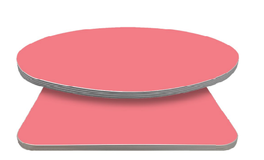 High-pressure laminate restaurant table top with retro silver ribbed T-mold edge and pink laminate finish