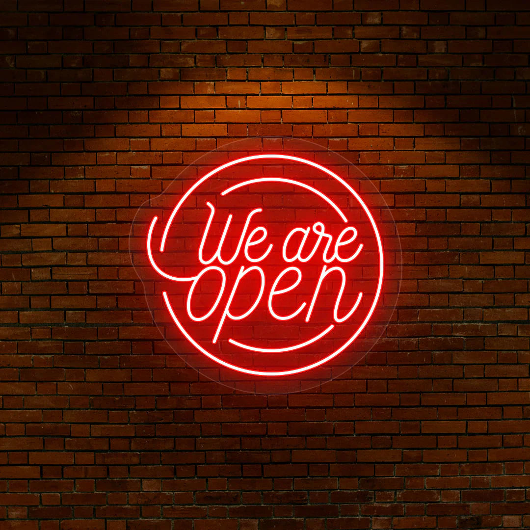 glowing we are open round LED neon sign for restaurant or retail window display