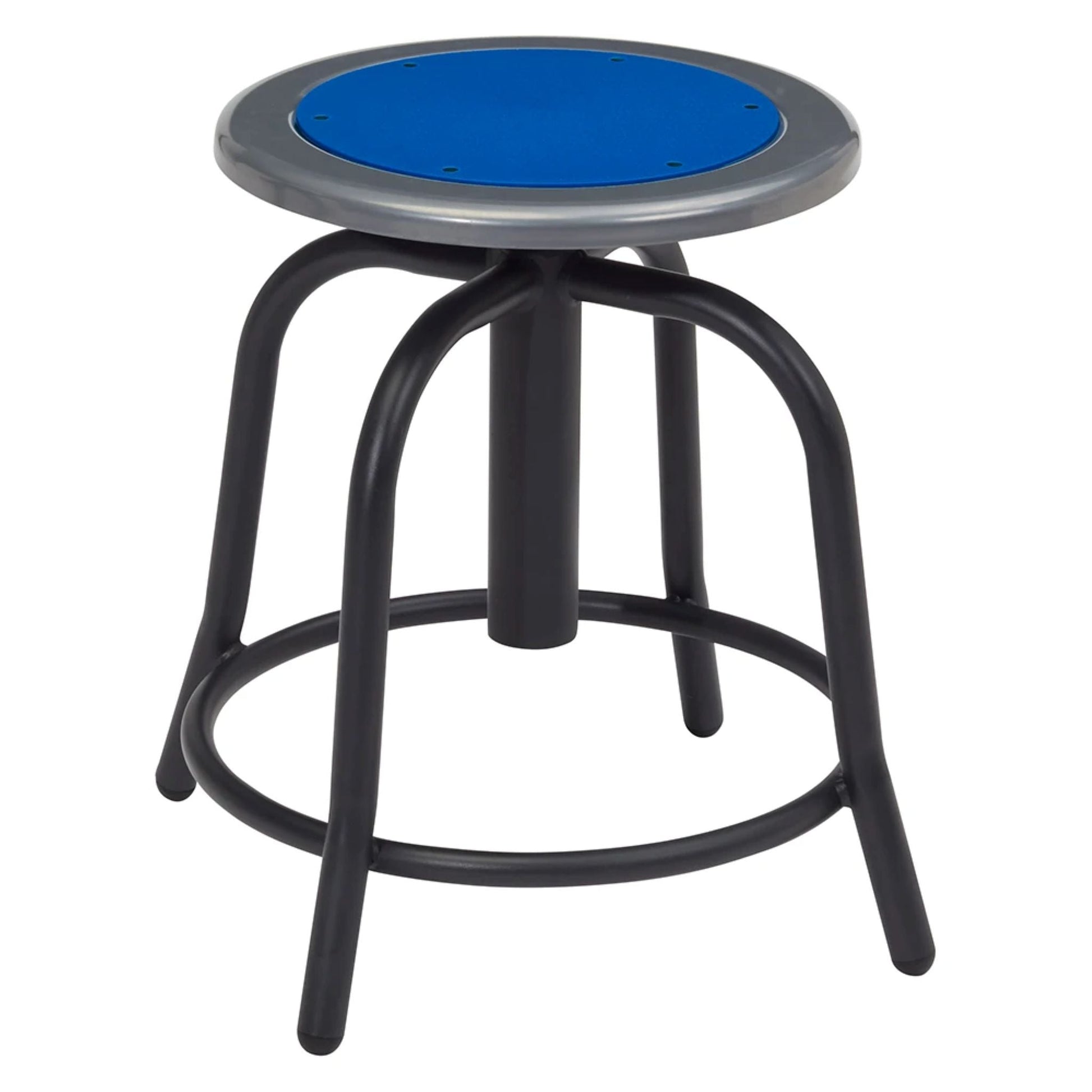 Commercial round backless swivel stool with adjustable height, black metal base, and steel seat in blue.