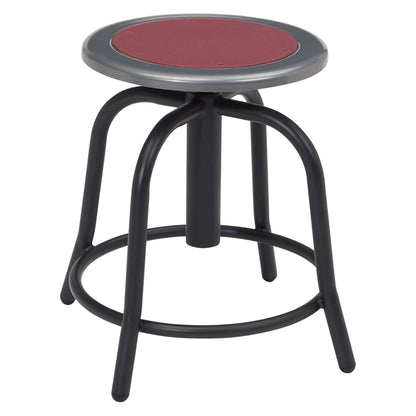 Round backless adjustable swivel stool with black metal frame, footrest ring, and steel seat in burgundy red
