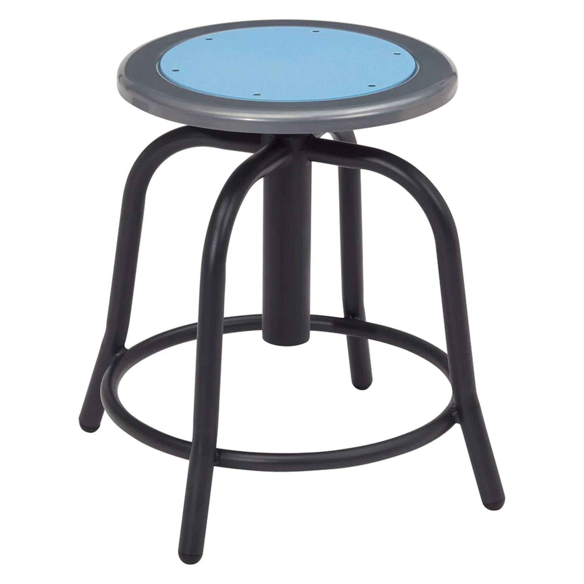 Round backless swivel stool with adjustable height, black metal base, footrest ring, and steel seat in blueberry blue.