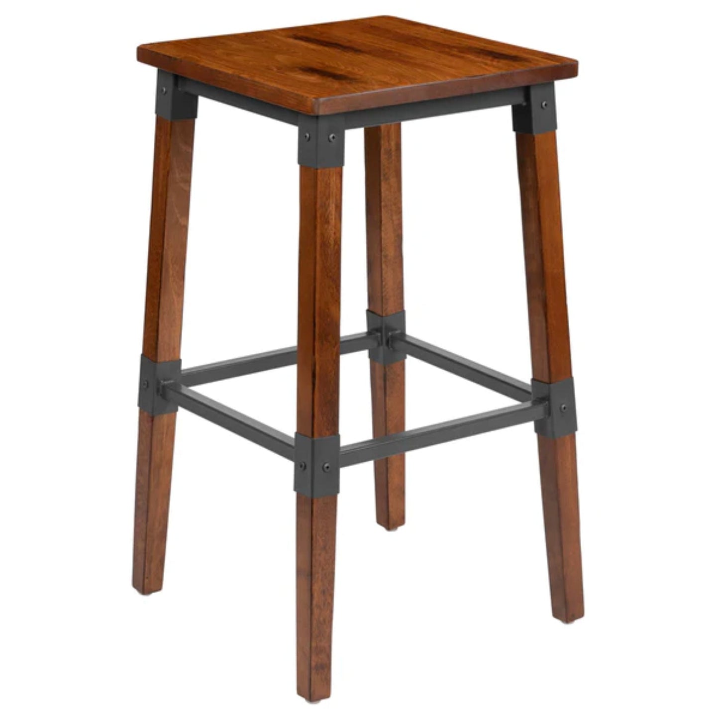 Rustic industrial backless wooden barstool with metal frame for restaurant interiors