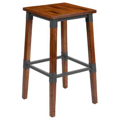 Rustic industrial backless wooden barstool with metal frame for restaurant interiors