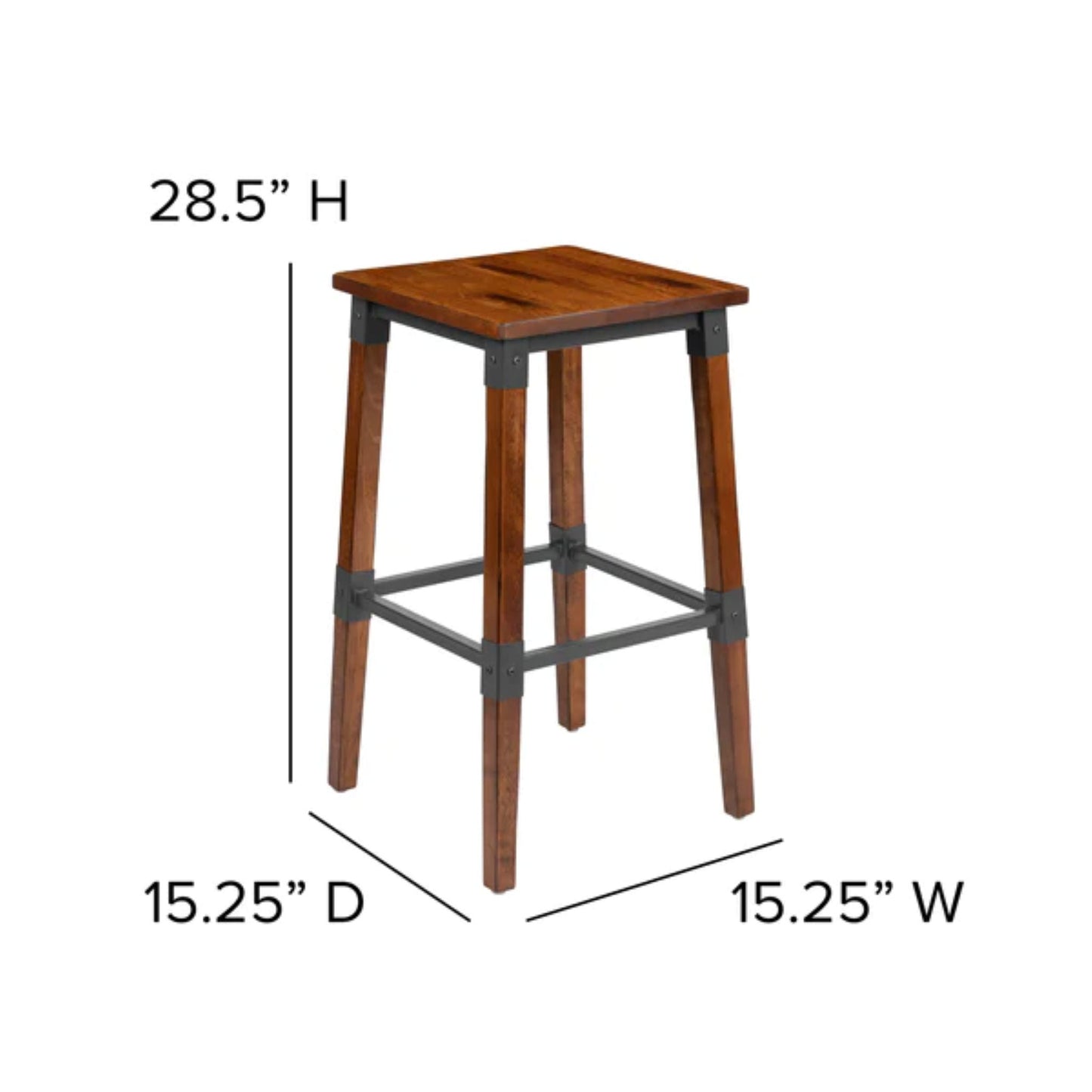 Backless wood and metal barstool with footrest designed for cafés, bars, and hotel dining spaces