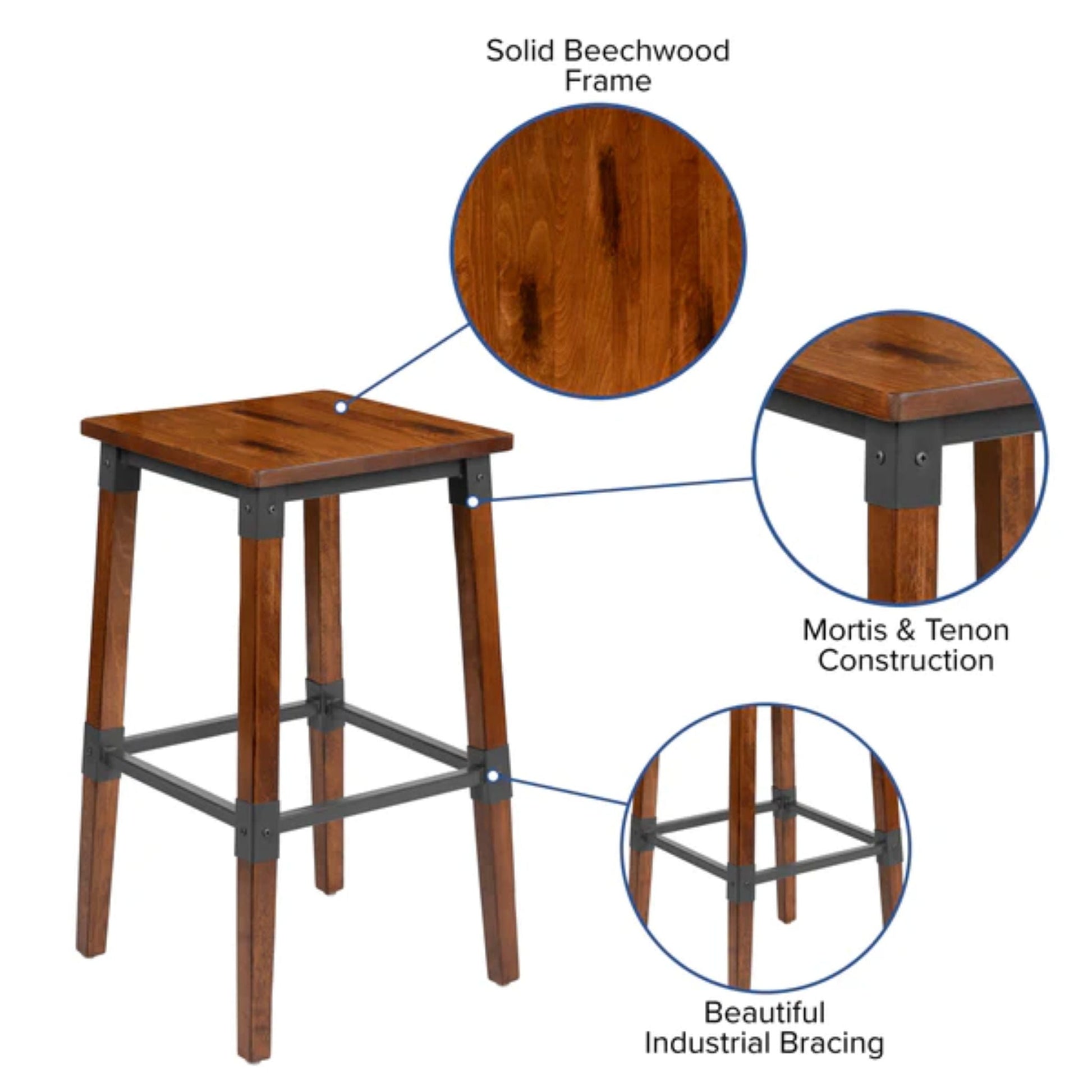 Backless commercial barstool with antique wood finish and durable metal base