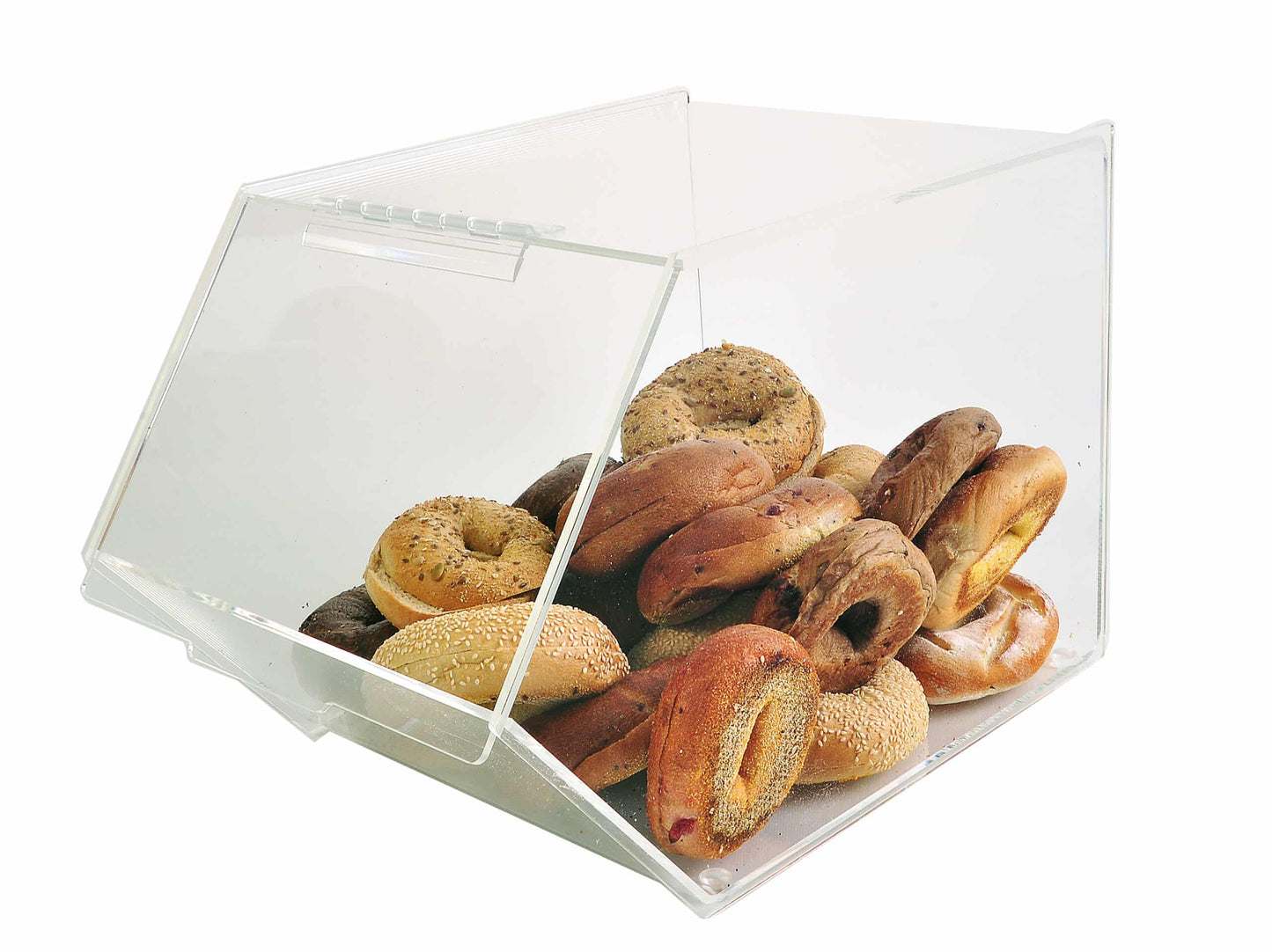Front view of a clear stackable bulk bin with a hinged angled door used for displaying packaged candy and small retail items.