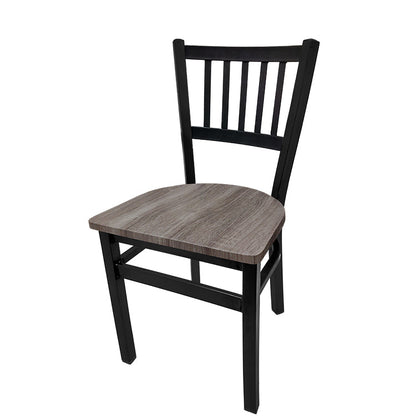 Dining chair with wood frame and barnwood-finish solid wood seat.