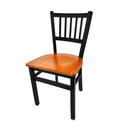 Dining chair with wood frame and cherry stain solid wood seat.