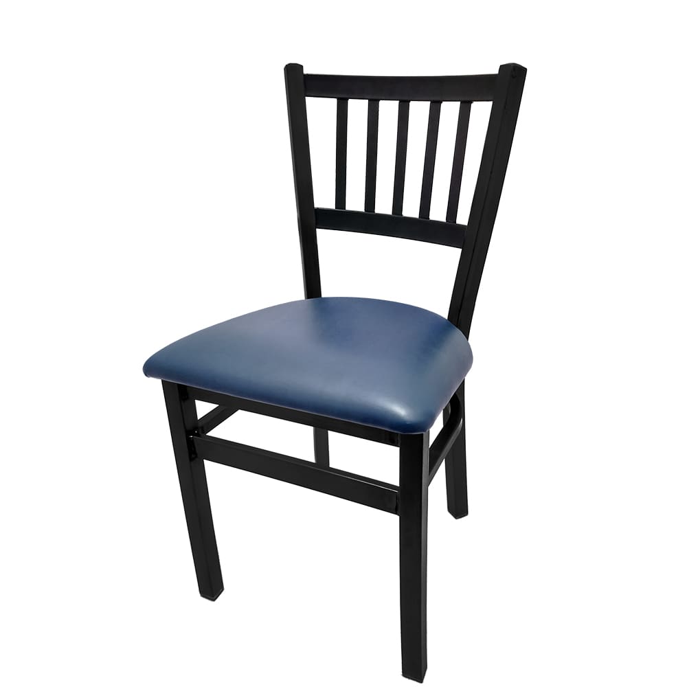Dining chair with wood frame and navy vinyl seat.