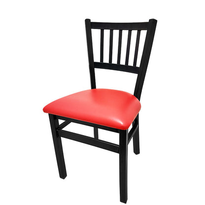 Dining chair with wood frame and red vinyl seat.