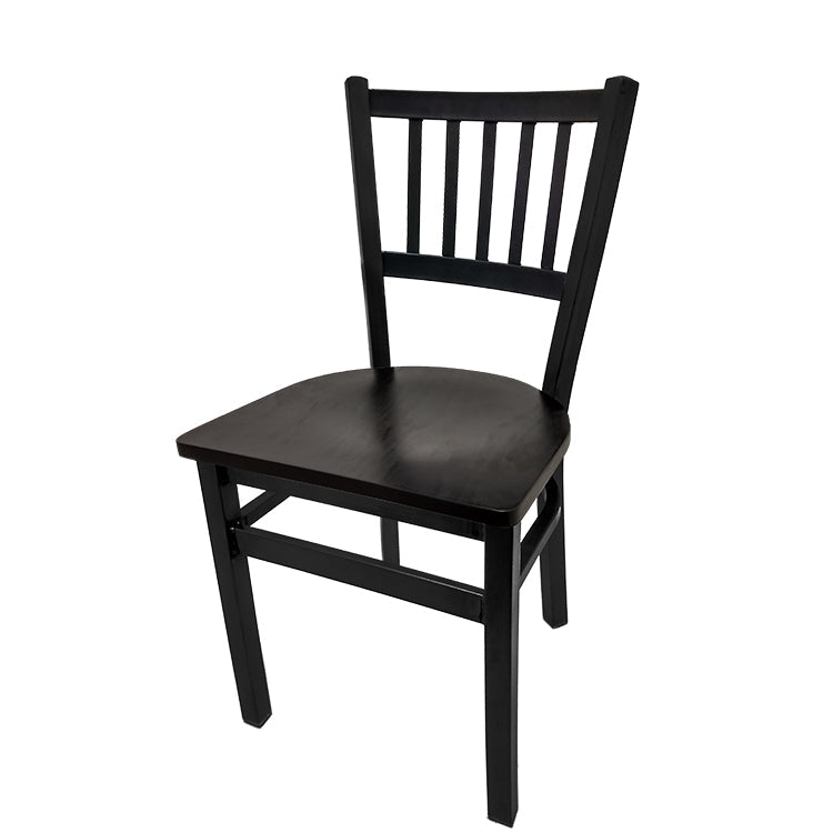 Dining chair with wood frame and black-stain solid wood seat.