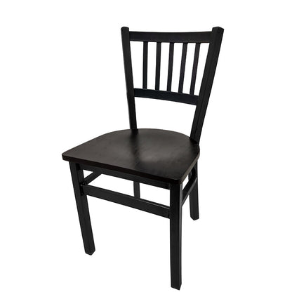 Dining chair with wood frame and black-stain solid wood seat.