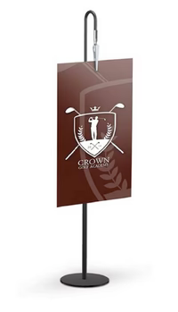 Front view of modern steel clamp menu holder displaying a tabletop sign in a minimalist, open-frame design.