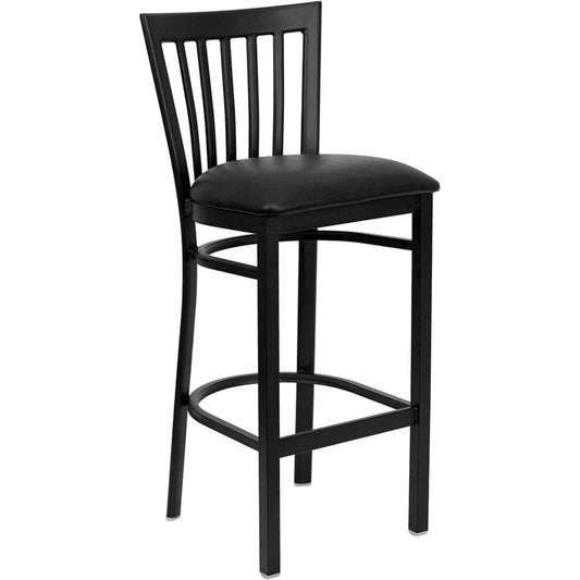 Metal schoolhouse back bar stool with black powder-coated frame and black vinyl padded seat