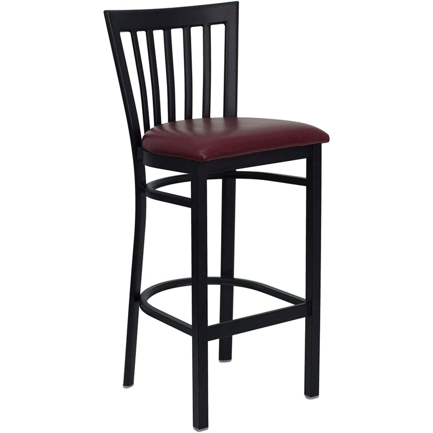 Metal schoolhouse back bar stool with black powder-coated frame and burgundy vinyl padded seat
