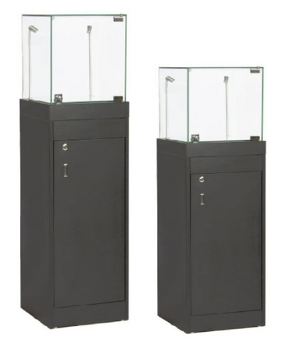 Front view of a black pedestal display case with a clear locking glass showcase top, tall slim base, and modern melamine finish