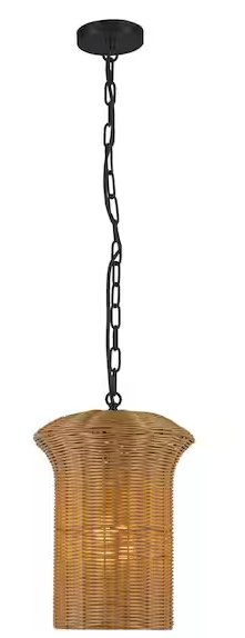 Kai 11-inch pendant light with a natural rattan shade and black hanging chain, designed for warm, modern lighting in bars and restaurants.
