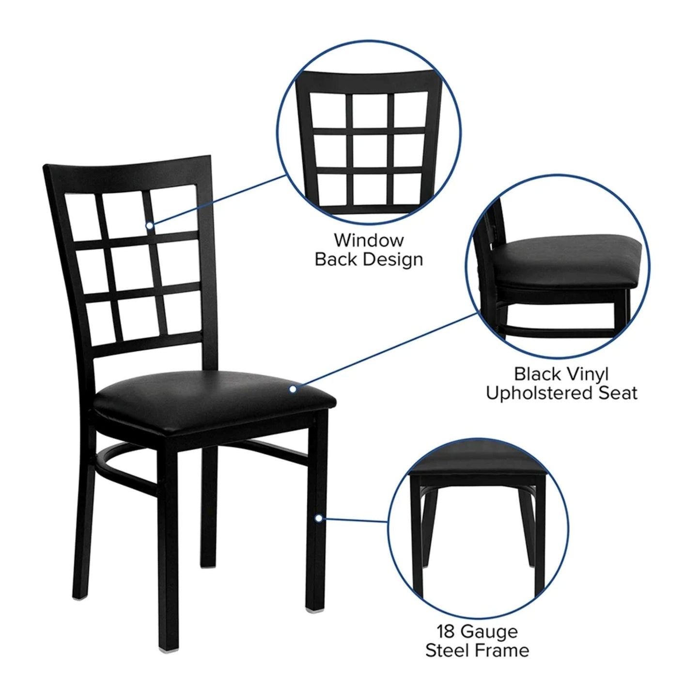 Angled view of window pane back dining chair with black vinyl seat and durable black powder-coated steel frame highlighting chair attributes
