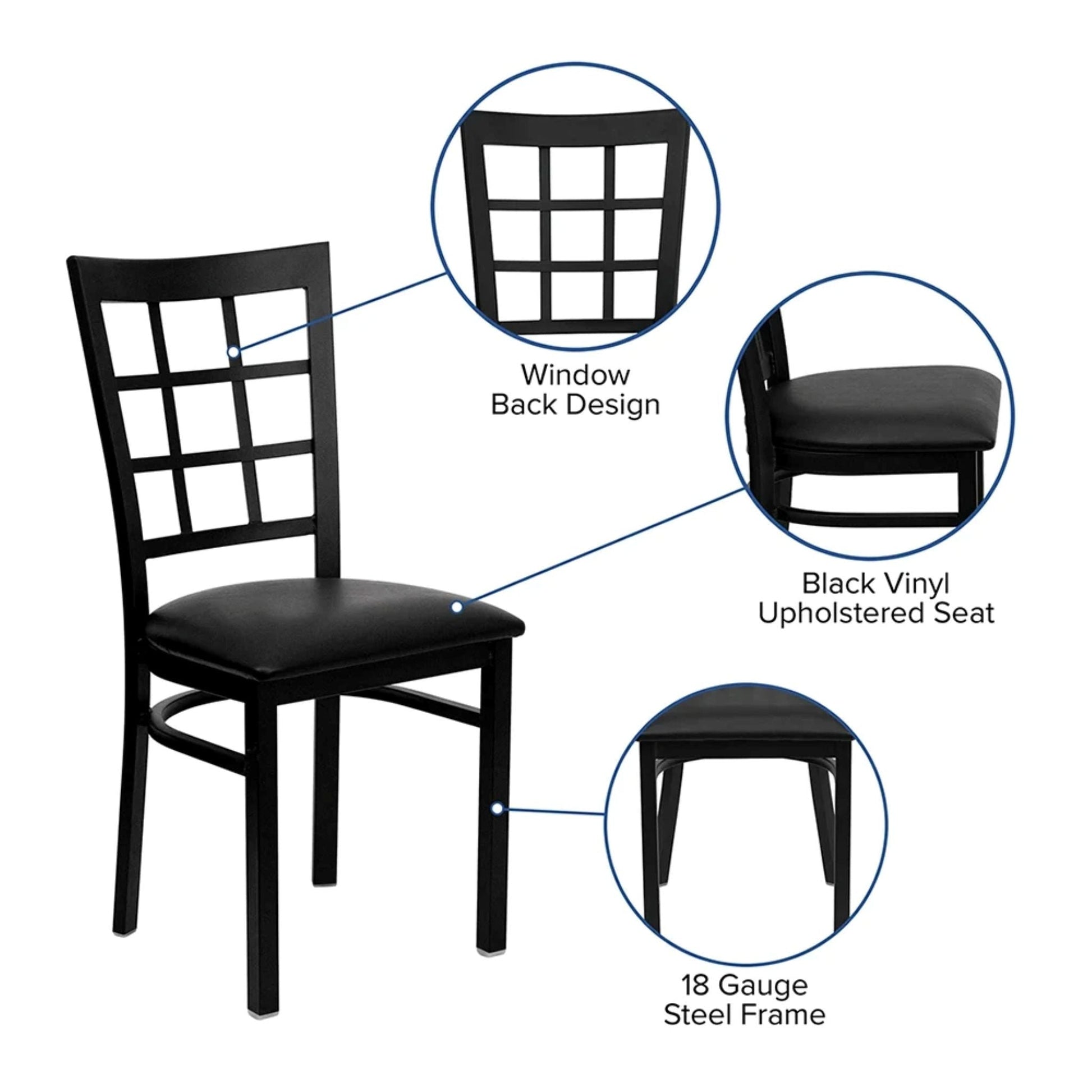 Angled view of window pane back dining chair with black vinyl seat and durable black powder-coated steel frame highlighting chair attributes