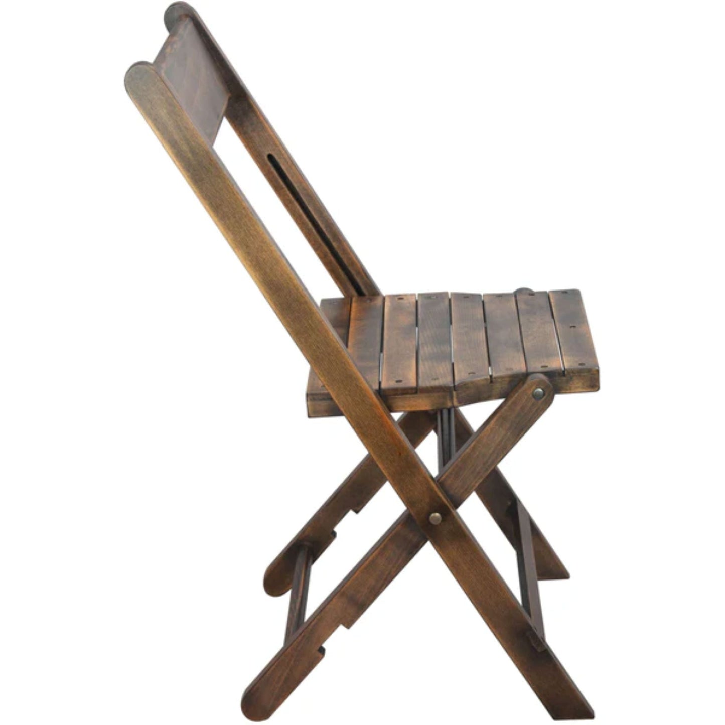 Side view of beechwood slatted folding wedding chair showing folding hinge and antique-style design