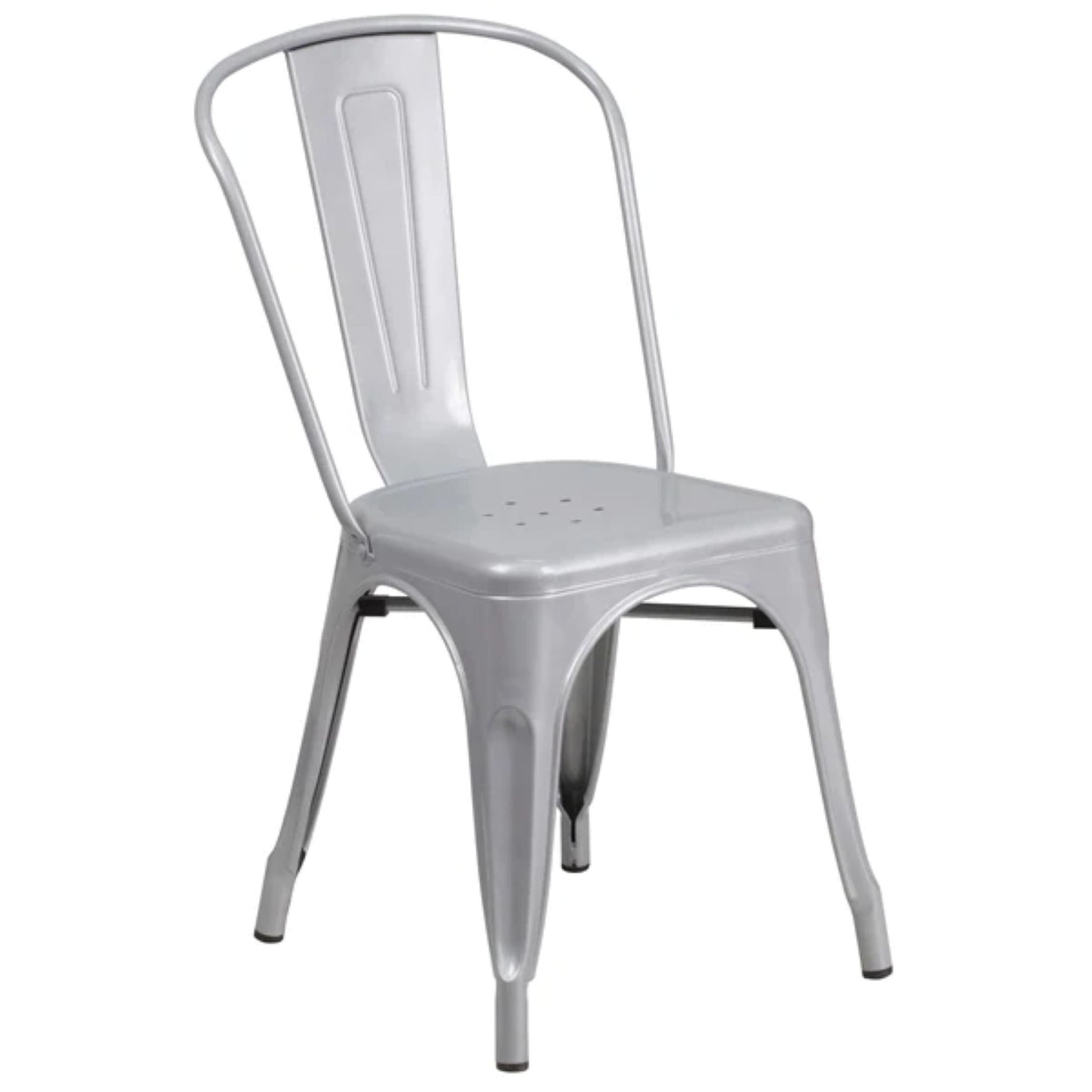 Silver metal indoor–outdoor stackable dining chair with galvanized steel finish and slatted back.