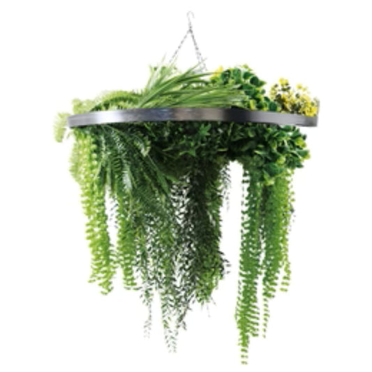 Silver Framed Roof Hanging Disc With Draping Life-Like Ferns and Plants UV Resistant Large