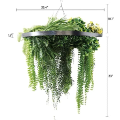Silver Framed Roof Hanging Disc With Draping Life-Like Ferns and Plants UV Resistant Large