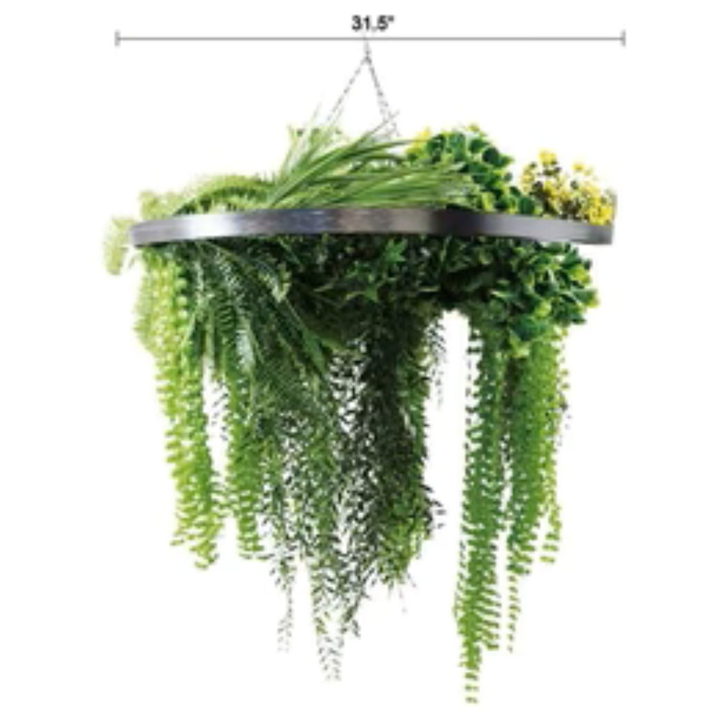 Silver Framed Roof Hanging Disc With Draping Life-Like Ferns and Plants UV Resistant Large