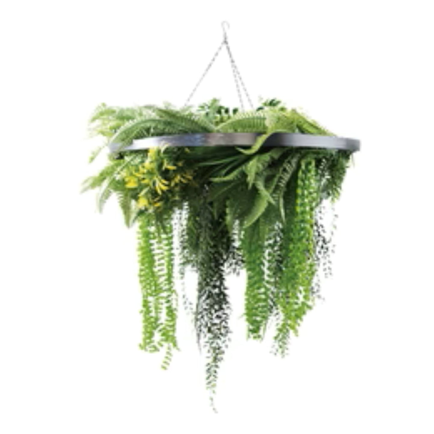 Silver Framed Roof Hanging Disc With Draping Life-Like Ferns and Plants UV Resistant Large
