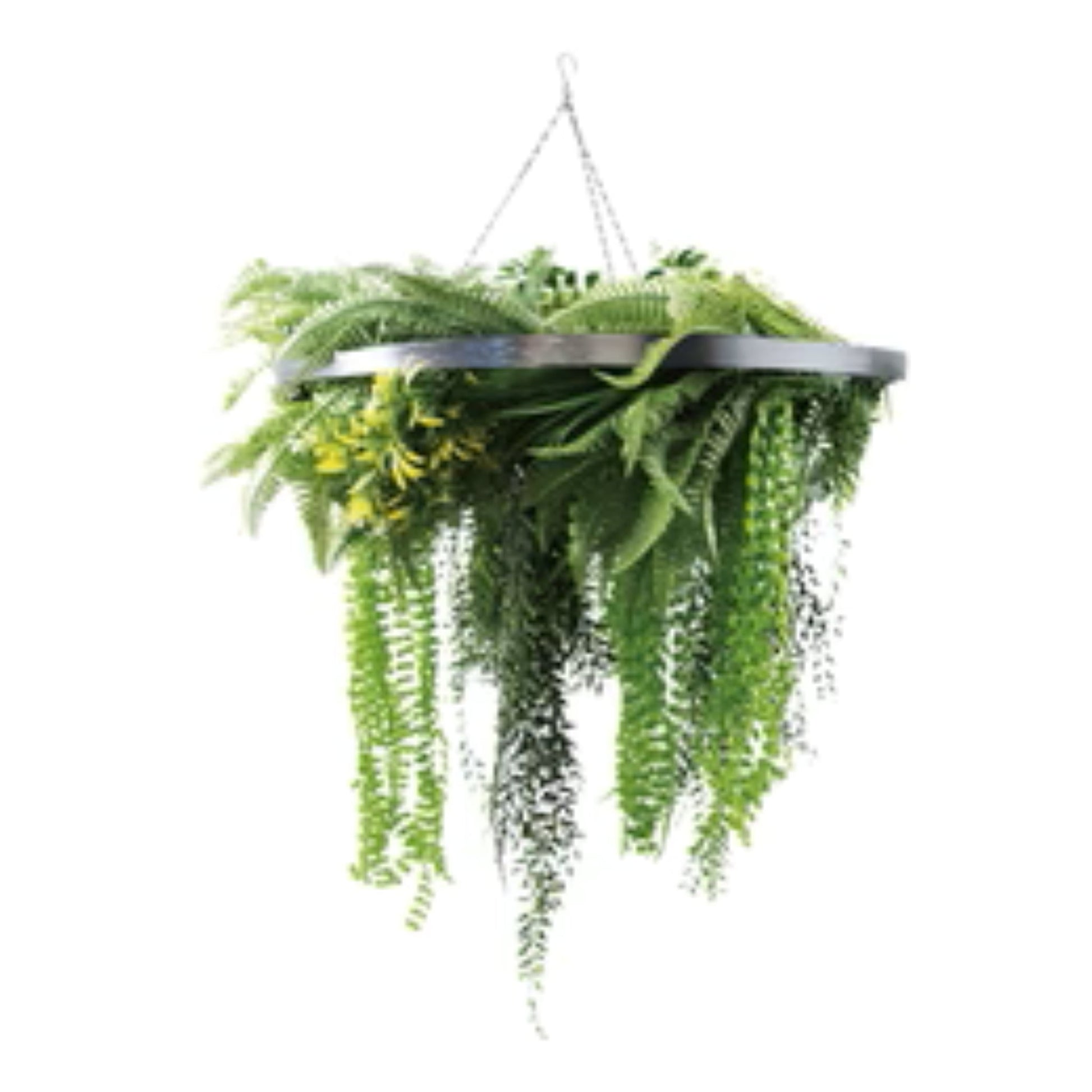 Silver Framed Roof Hanging Disc With Draping Life-Like Ferns and Plants UV Resistant Large