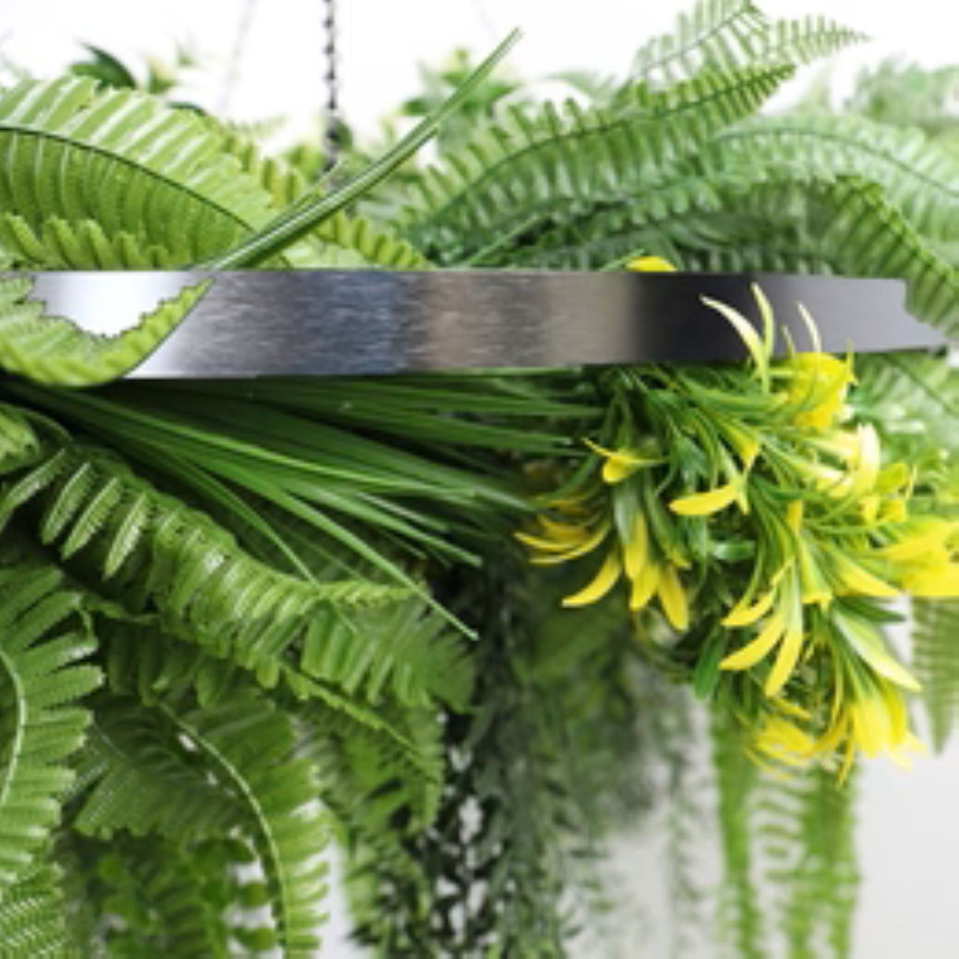 Silver Framed Roof Hanging Disc With Draping Life-Like Ferns and Plants UV Resistant Large
