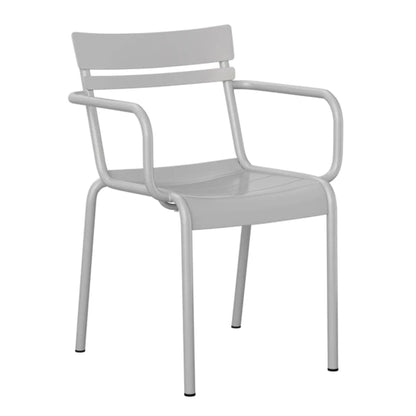 Angled view of silver slatted steel chair with armrests and weather-resistant finish.