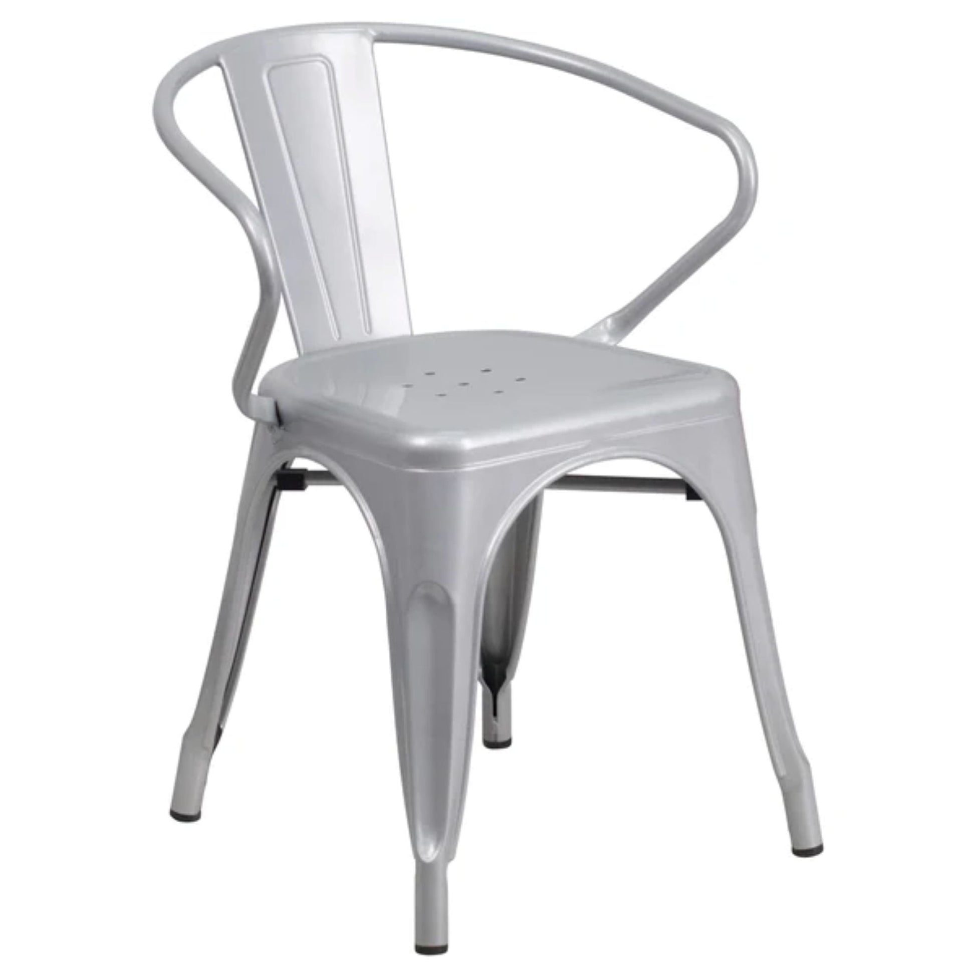Silver metal arm chair with glossy powder coat, vertical slat back, and stackable indoor-outdoor frame.