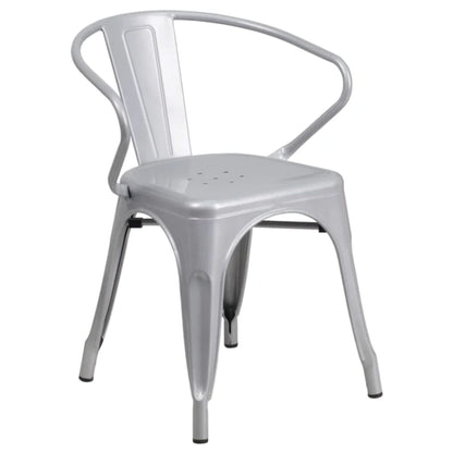 Silver metal arm chair with glossy powder coat, vertical slat back, and stackable indoor-outdoor frame.