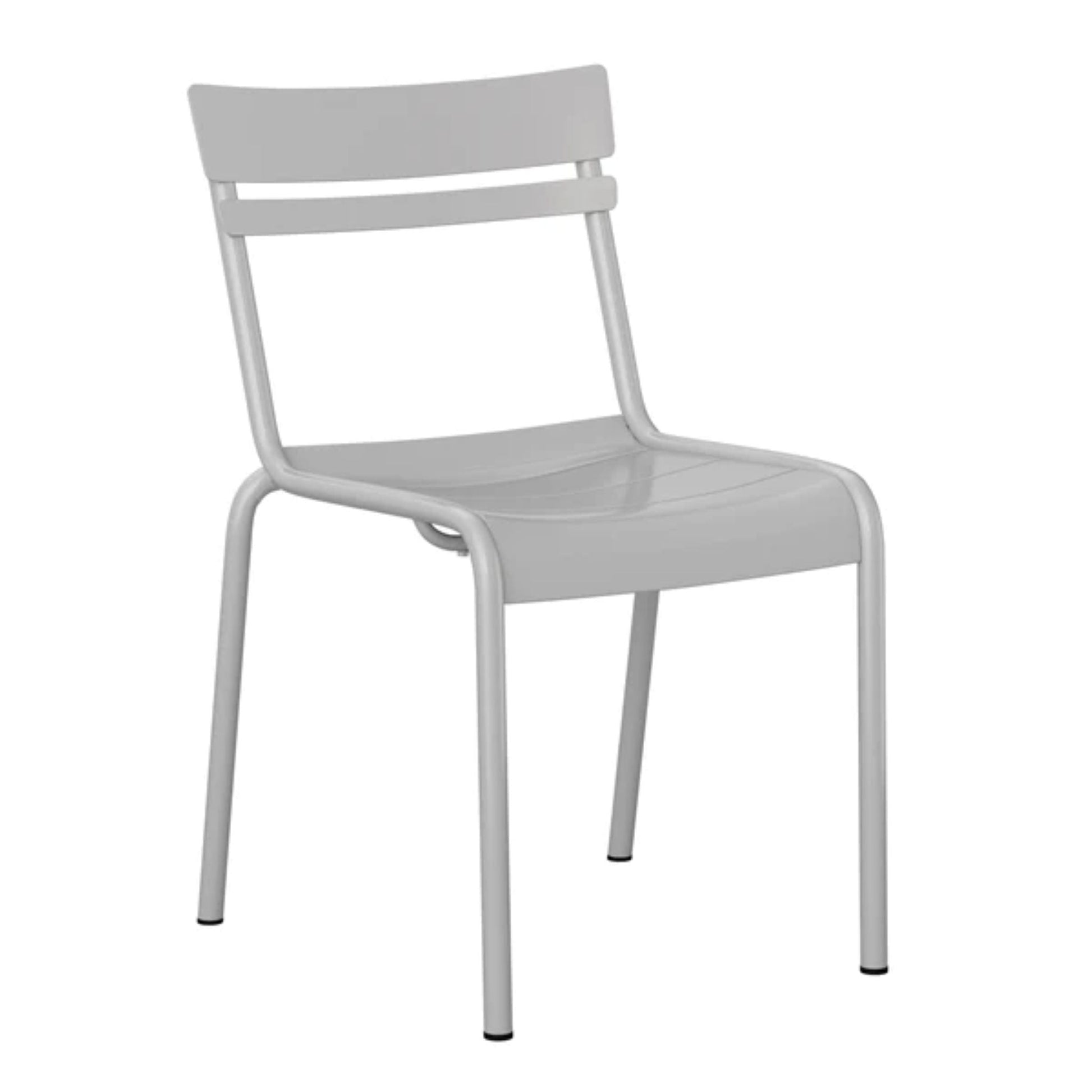Angled view of silver steel café chair with slatted construction and floor glides.