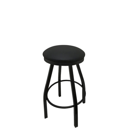 Slimline button top barstool with black swivel frame and black vinyl seat