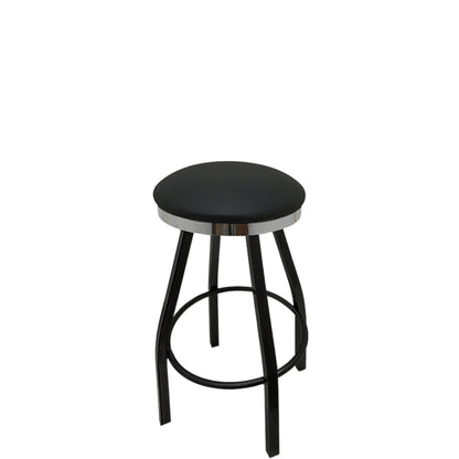 Slimline button top barstool with chrome swivel frame and black vinyl seat