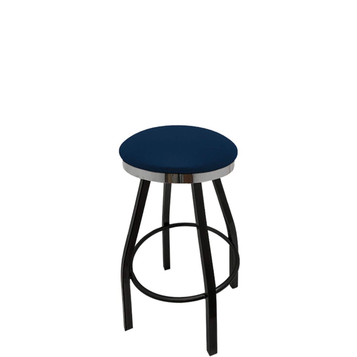 Slimline button top barstool with chrome swivel frame and navy vinyl seat
