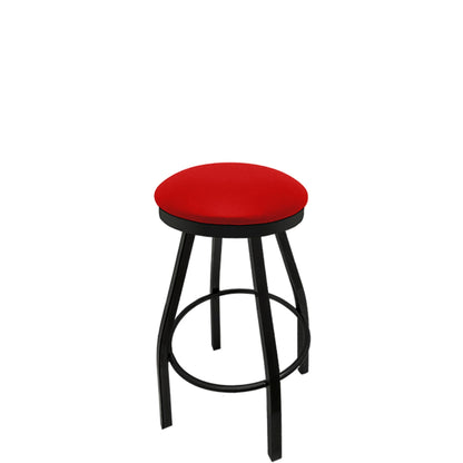 Slimline button top barstool with black swivel frame and red vinyl seat