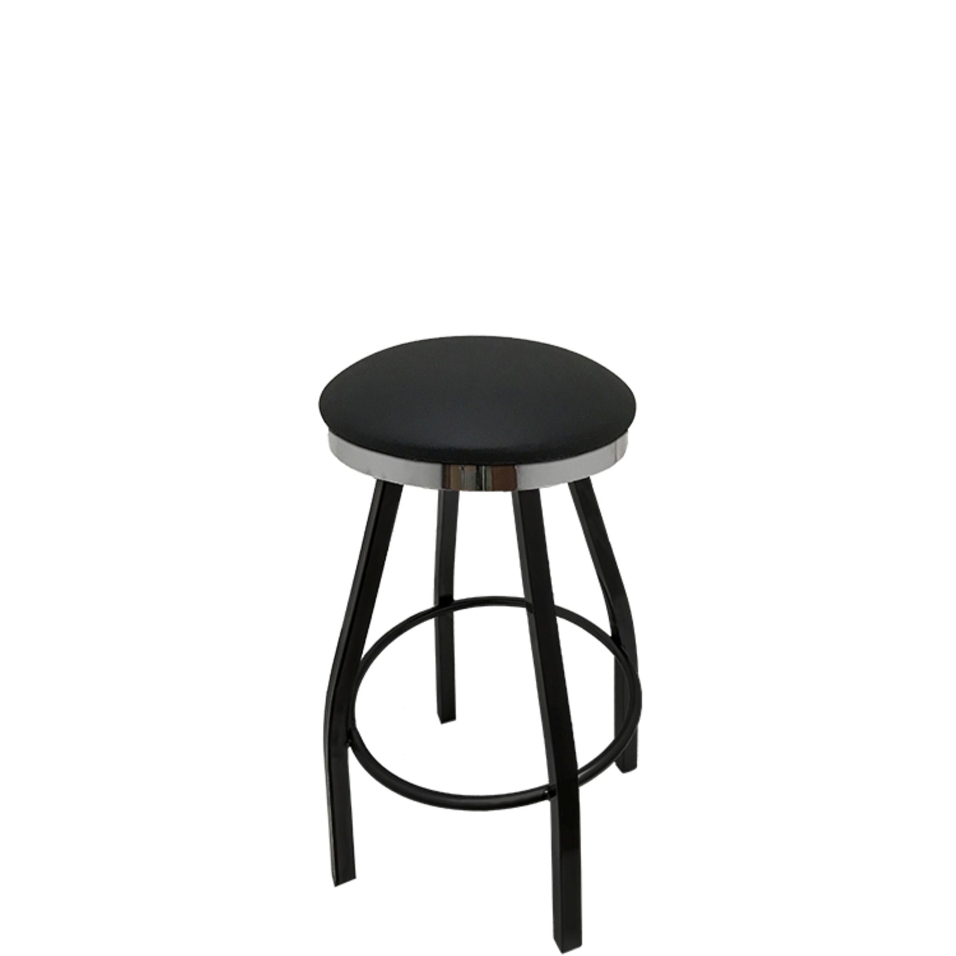 Slimline button top barstool with chrome swivel ring and black vinyl seat