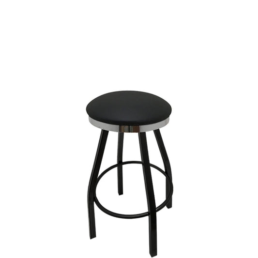 Slimline button top barstool with chrome swivel ring and black vinyl seat