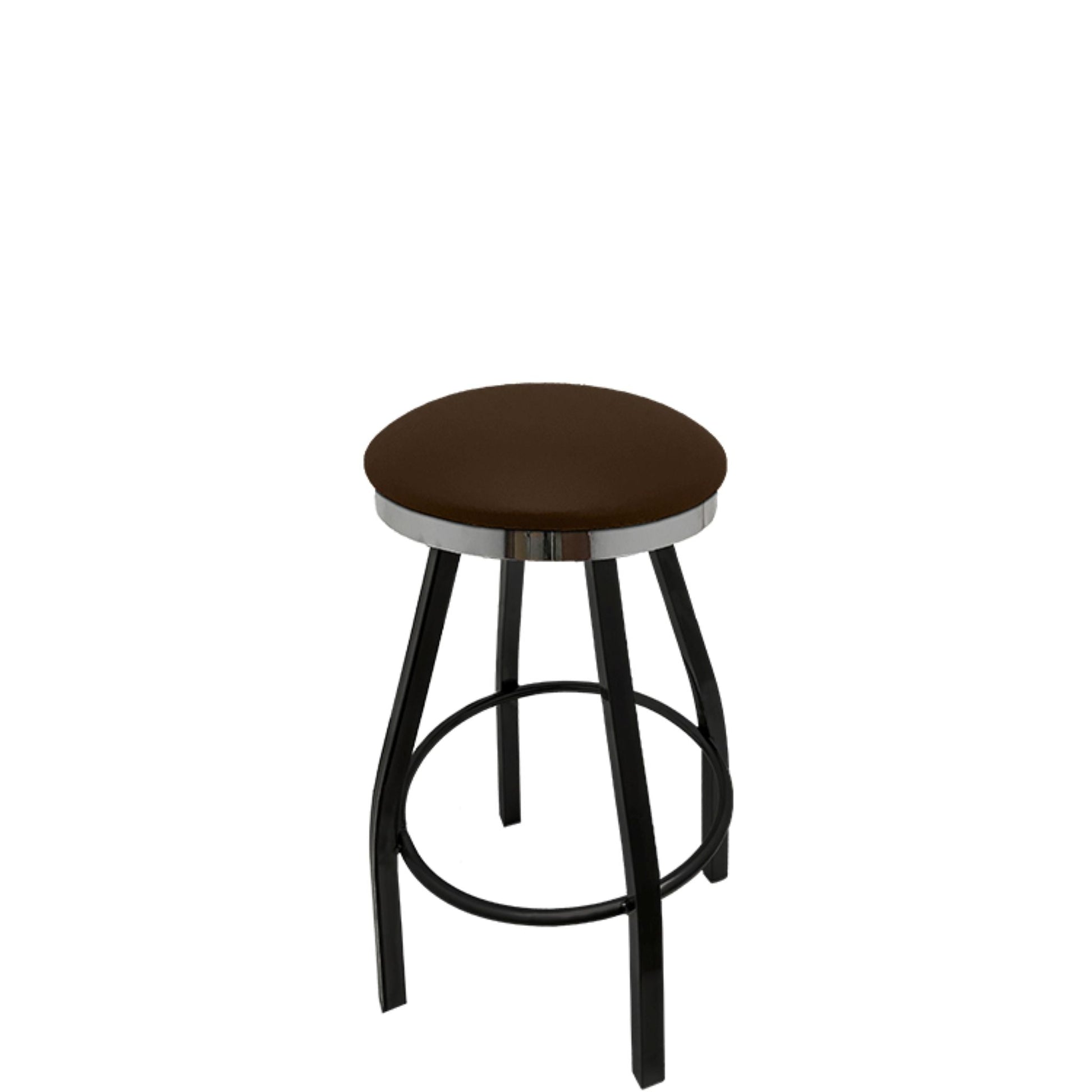 Slimline button top barstool with black swivel frame and espresso vinyl seat