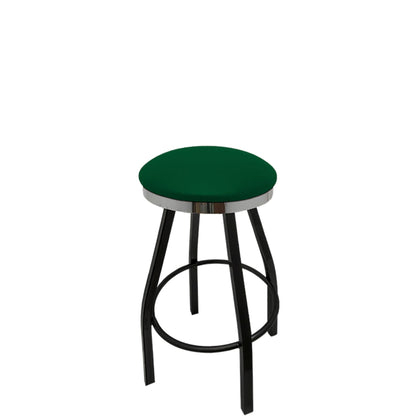 Slimline button top barstool with chrome swivel frame and hunter green vinyl seat